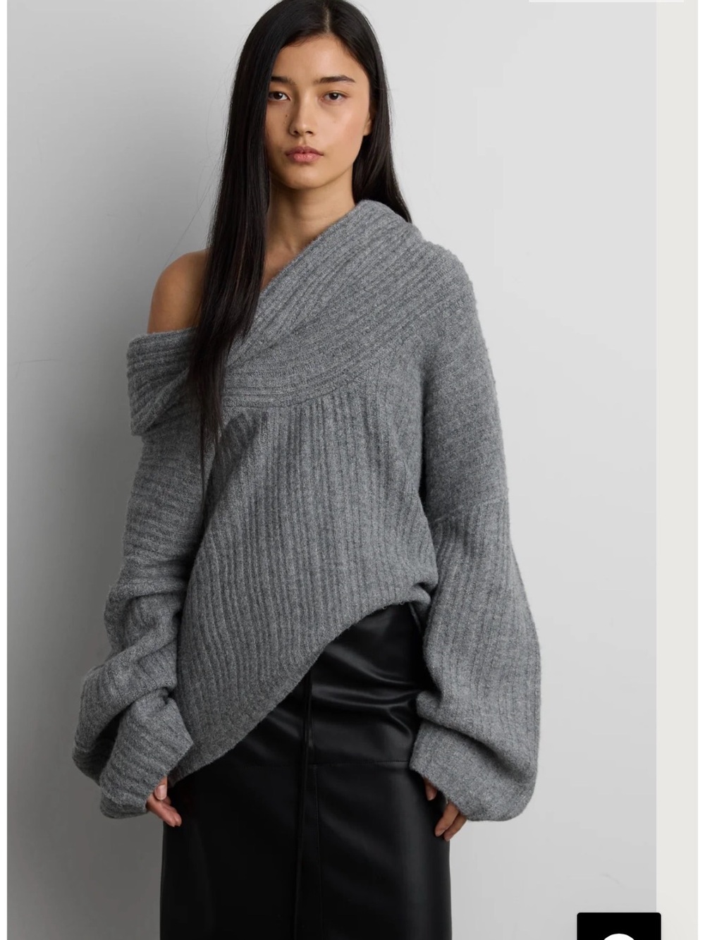 OAK + Fort Off-Shoulder Heather Oat Ribbed Knit Sweater in Light Beige